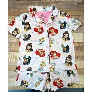 Disney Princess Girls Pink Pajama Set With Ariel Belle Jasmine Cinderella Size 6